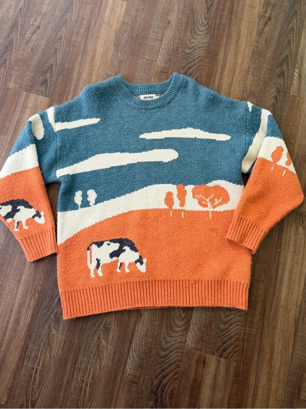 Aelfric Eden Scenic Cow Crewneck Sweater - Blue, Orange & Cream Size L